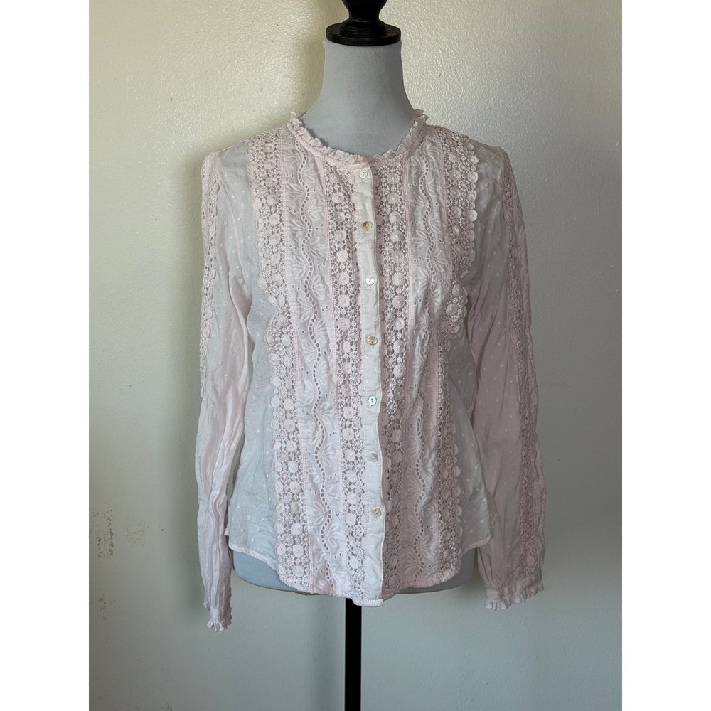 Sundance PS Pink Cotton Eyelet Lace Blouse Cottagecore Romantic Boho Embroidered